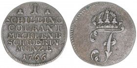 Friedrich 1756-1785
Mecklenburg Schwerin. 1 Schilling, 1766. 1,00g
Schön 46
ss