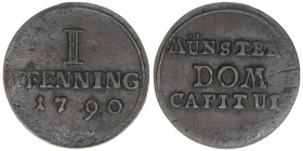 Domkapitel
Münster. 1 Pfennig, 1790. 1,57g
Weinrich 75
ss