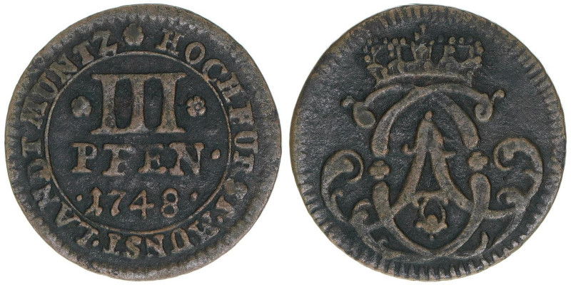 Clemens August von Bayern 1719-1761
Münster. 3 Pfennige, 1748. 2,92g
Schulze 236...