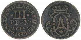 Clemens August von Bayern 1719-1761
Münster. 3 Pfennige, 1748. 2,92g
Schulze 236
ss