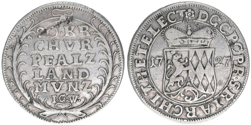 Karl III. Philipp 1716-1742
Pfalz Kurlinie. 20 Kreuzer, 1727. 4,52g
Noss 344
ss