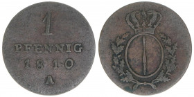 Friedrich Wilhelm III. 1797-1840
Preussen. 1 Pfennig, 1810 A. 1,52g
AKS 40
ss