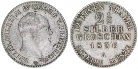 Friedrich Wilhelm IV. 1840-1861
Preussen. 2 1/2 Silbergroschen, 1856 A. 3,14g
AKS 84
ss+