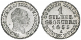Friedrich Wilhelm IV. 1840-1861
Preussen. 1 Silbergroschen, 1855 A. 2,23g
AKS 86
vz/stfr
