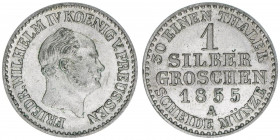 Friedrich Wilhelm IV. 1840-1861
Preussen. 1 Silbergroschen, 1855 A. 2,23g
AKS 86
vz/stfr