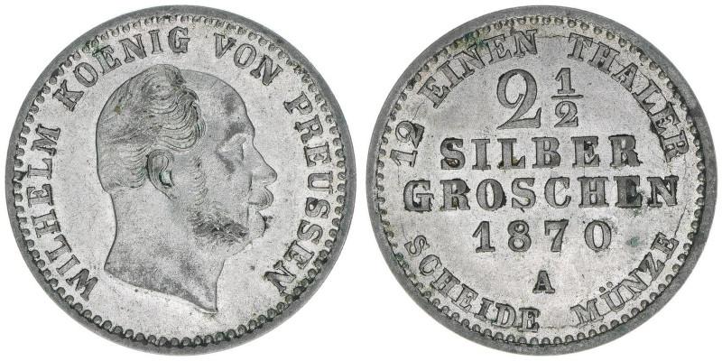 Wilhelm I. 1861-1888
Preussen. 2 1/2 Silbergroschen, 1870 A. 3,24g
AKS 102
vz/st...