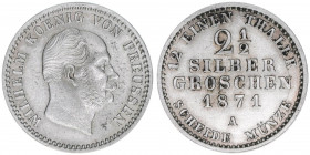 Wilhelm I. 1861-1888
Preussen. 2 1/2 Silbergroschen, 1871 A. 3,22g
AKS 102
vz