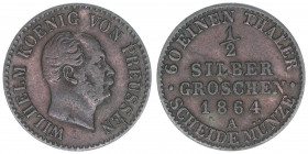 Wilhelm I. 1861-1888
Preussen. 1/2 Silbergroschen, 1864 A. 1,10g
AKS 104
ss-