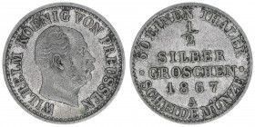 Wilhelm I. 1861-1888
Preussen. 1/2 Silbergroschen, 1867 A. 1,10g
AKS 104
ss