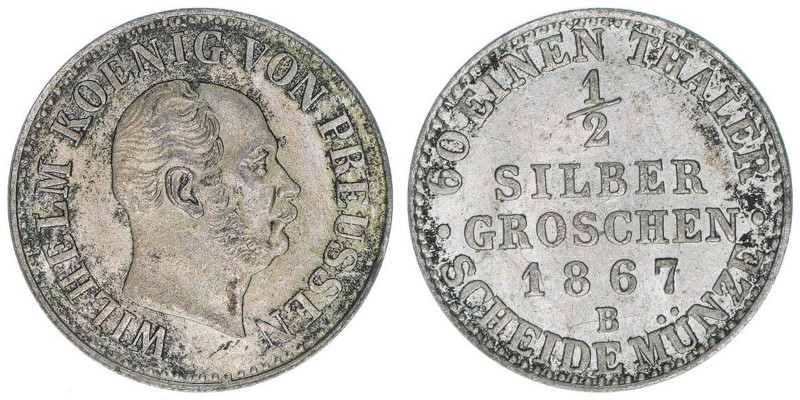 Wilhelm I. 1861-1888
Preussen. 1/2 Silbergroschen, 1867 B. 1,09g
AKS 104
vz-