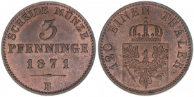 Wilhelm I. 1861-1888
Preussen. 3 Pfennig, 1871 B. 4,57g
AKS 106
vz/stfr