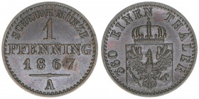 Wilhelm I. 1861-1888
Preussen. 1 Pfennig, 1867 A. 1,45g
AKS 108
vz