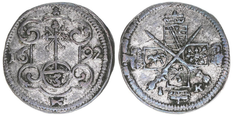 Johann Georg IV. 1691-1694
Sachsen. 3 Pfennige, 1692 IK. Dresden
0,88g
ss