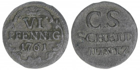 Friedrich August II. 1733-1763
Sachsen. 6 Pfennige, 1761. 0,95g
Kohl 509
ss