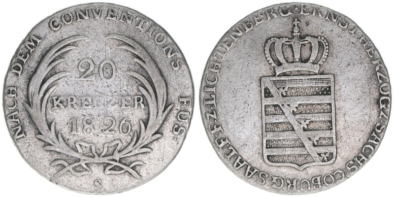 Ernst 1806-1826
Sachsen Coburg Saalfeld. 20 Kreuzer, 1826 S. 6,37g
AKS 131
ss-