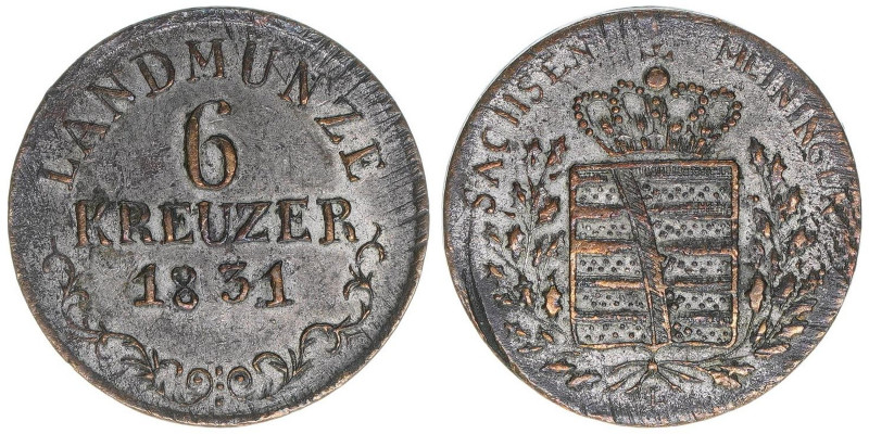 Bernhard II. 1831-1835
Sachsen Meiningen. 6 Kreuzer, 1831. 2,00g
AKS 194
ss
