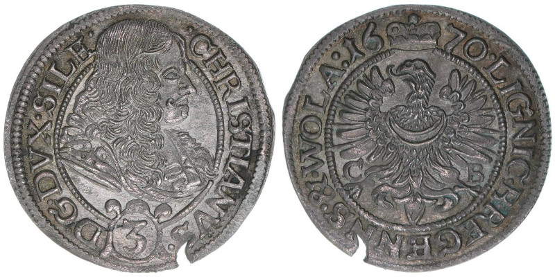 Christian
Schlesien Liegnitz Brieg. 3 Kreuzer, 1670 CB. 1,68g
FuS1936
ss+