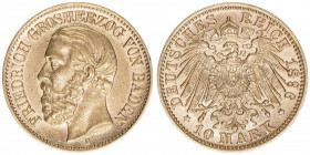 Großherzog Friedrich I. 1856-1907
Baden. 10 Mark, 1896 G. 3,96g
AKS 147
ss/vz