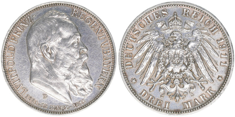 Prinzregent Luitpold 1886-1912
Bayern. 3 Mark, 1911 D. 16,63g
AKS 206
ss+