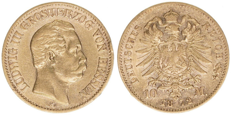Ludwig III. 1848-1877
Hessen. 10 Mark, 1872 H. 3,93g
J.213
ss