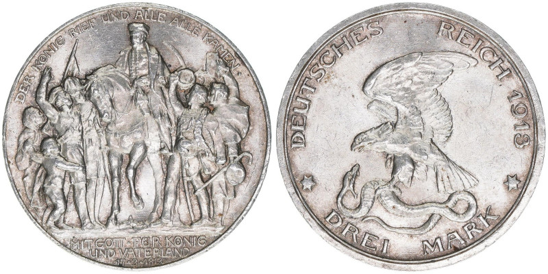 Wilhelm II. 1888-1918
Preussen. 3 Mark, 1913. anlässlich der Jahrhundertfeier de...
