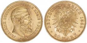 Friedrich III. 1888
Preussen. 20 Mark, 1888 A. 7,97g
AKS 119
vz/stfr