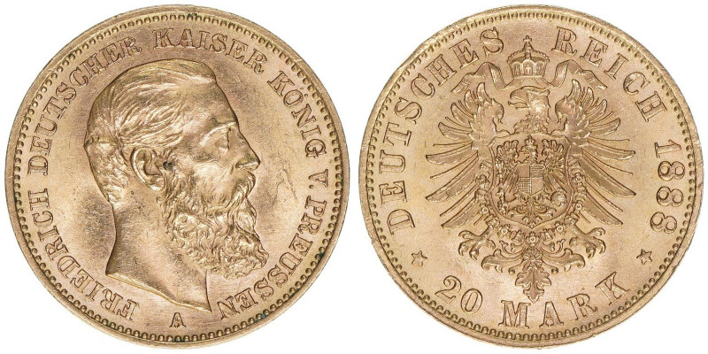 Friedrich III. 1888
Preussen. 20 Mark, 1888 A. 7,96g
AKS 119
vz/stfr