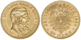 Friedrich III. 1888
Preussen. 20 Mark, 1888 A. 7,95g
AKS 119
vz/stfr