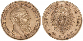 Friedrich III. 1888
Preussen. 20 Mark, 1888 A. 7,95g
AKS 119
vz+