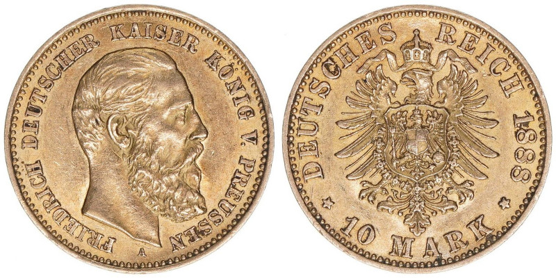 Friedrich III. 1888
Preussen. 10 Mark, 1888 A. 3,97g
AKS 120
vz