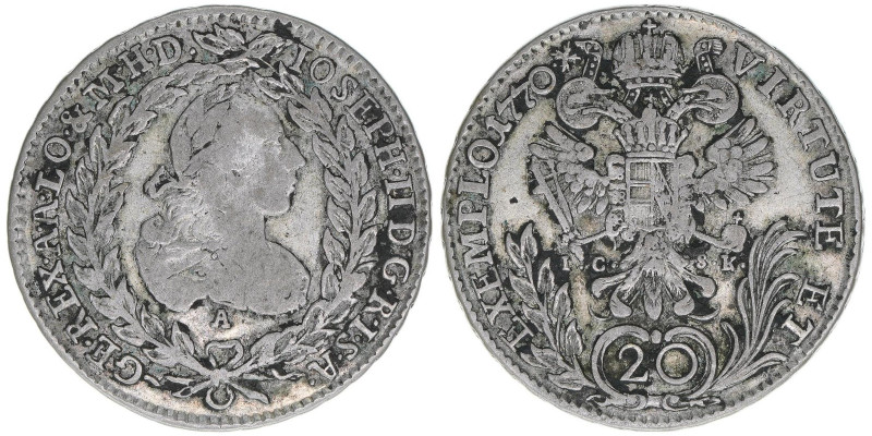 Joseph II. 1780-1792
20 Kreuzer, 1770 A/IC-SK. als Mitregent
Wien
6,50g
ANK 102
...