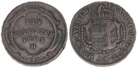 Franz II. (I.) 1792-1835
1 Kreuzer, 1805 H. Günzburg
5,79g
Herinek 1076
ss-