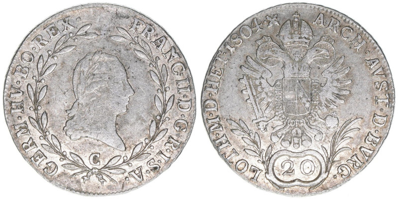 Franz II. (I.) 1792-1835
20 Kreuzer, 1804 C. Prag
6,67g
ANK 40
ss+