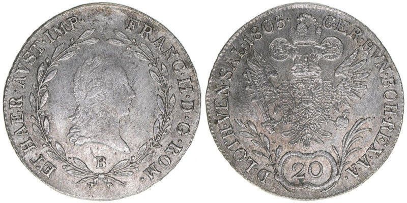 Franz II. (I.) 1792-1835
20 Kreuzer, 1805 B. Kremnitz
6,63g
ANK 41
ss