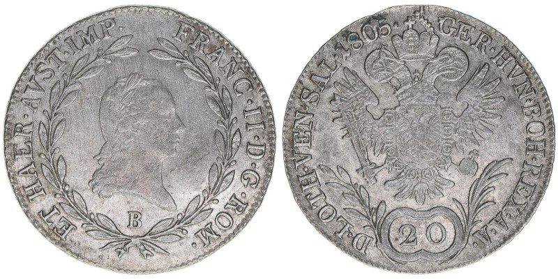 Franz II. (I.) 1792-1835
20 Kreuzer, 1805 B. Kremnitz
6,66g
ANK 41
ss