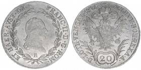 Franz II. (I.) 1792-1835
20 Kreuzer, 1805 B. Kremnitz
6,68g
ANK 41
ss/vz