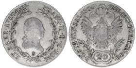 Franz II. (I.) 1792-1835
20 Kreuzer, 1806 B. Kremnitz
6,57g
ANK 41
ss-