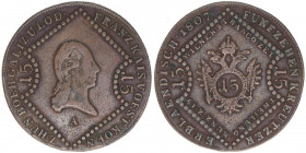 Franz II. (I.) 1792-1835
15 Kreuzer, 1807 A. Wien
13,06g
ANK 10
ss+
