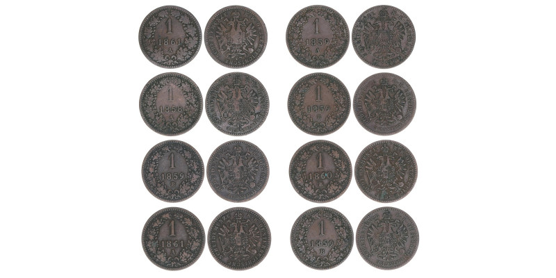 Franz Joseph I. 1848-1916
Lot mit 8 Stück Kreuzer, 1858,1859,1860,1861. Wien
ss