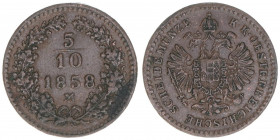 Franz Joseph I. 1848-1916
5/10 Kreuzer, 1858 M. Mailand
1,59g
ANK 3
ss+