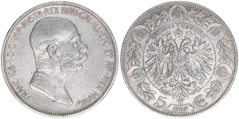 Franz Joseph I. 1848-1916
5 Kronen, 1909. ohne Medaillennamen unter dem Kopfbild...