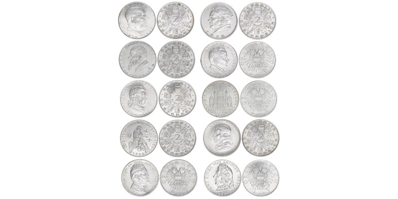 2 Schilling Gedenkausgaben 1928-1937
komplette Serie 10 Stück, 1928-1937. Silber...