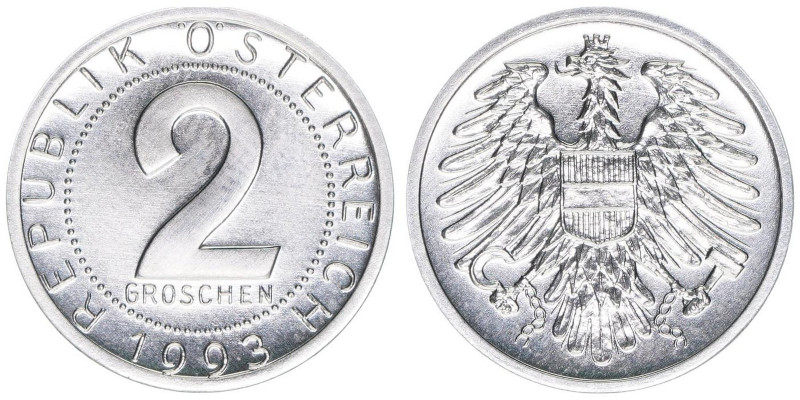 Verkehrsmünzen
2 Groschen, 1993. Auflage 28.000 nur im Set ausgegeben
Wien
0,90g...