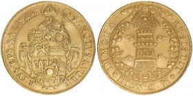 Wolf Dietrich von Raitenau 1587-1612
Erzbistum Salzburg. 5 Dukaten, 1593. Sammleranfertigung wohl des 20. Jhdt.
Salzburg
17,33g
zu Zöttl 835
vz