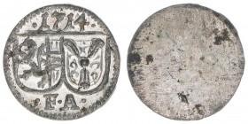Franz Anton Fürst von Harrach 1709-1727
Erzbistum Salzburg. Pfennig, 1714. Salzburg
0,30g
Zöttl 2509, Probszt 2092
vz/stfr