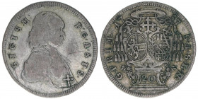 Sigismund III. Graf Schrattenbach 1753-1771
Erzbistum Salzburg. 20 Kreuzer, 1757. Salzburg
6,28g
Zöttl 3038, Probszt 2318
s/ss