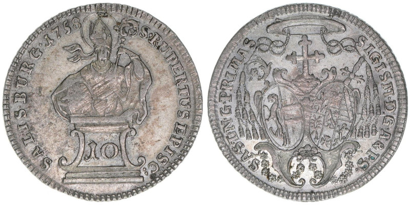 Sigismund III. Graf Schrattenbach 1753-1771
Erzbistum Salzburg. 10 Kreuzer, 1758...