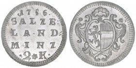 Sigismund III. Graf Schrattenbach 1753-1771
Erzbistum Salzburg. 1/2 Landbatzen, 1756. Salzburg
1,07g
Zöttl 3083, Probszt 2356
stfr
