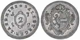 Sigismund III. Graf Schrattenbach 1753-1771
Erzbistum Salzburg. 1/2 Landbatzen, 1759. Salzburg
1,14g
Zöttl 3085, Probszt 2358
stfr-