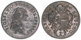 Sigismund III. Graf Schrattenbach 1753-1771
Erzbistum Salzburg. 1 Portraitkreuzer, 1760. Salzburg
0,72g
Zöttl 3095, Probszt 2367
vz-